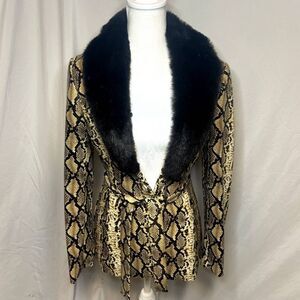 Cache Designer Snake Print Black Fur Vinyl Jacket Coat Womens Authentic